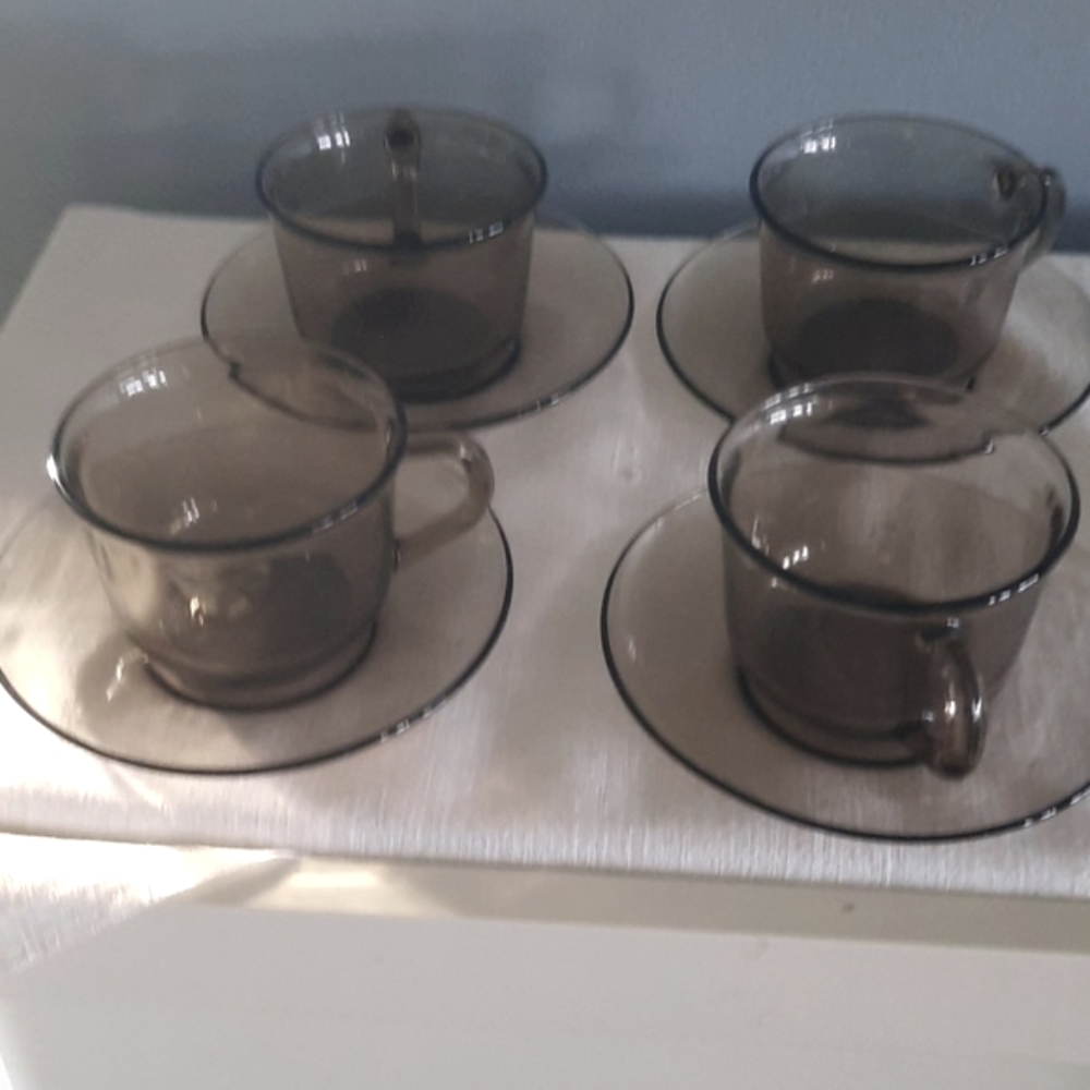 Vintage Arcoroc Smokey Brown Tea/Coffee French Glass Cups & Saucers set of 4